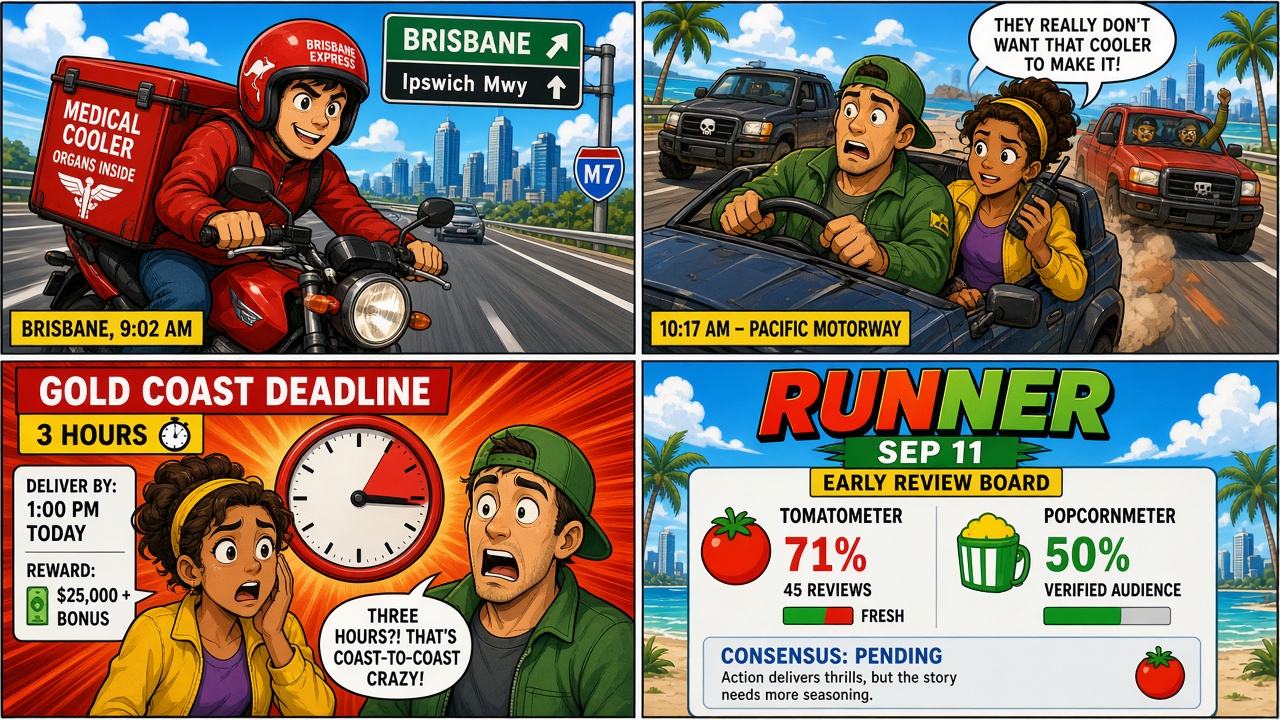 Four-panel full-color movie-score comic, cartoon stand-ins never likenesses. Panel 1: cartoon courier racing a medical cooler delivery. Panel 2: chase sequence with cartoon stand-ins. Panel 3: deadline clock pressure beat. Panel 4: scoreboard showing 71 percent Tomatometer from 45 reviews, Popcornmeter 50-plus verified ratings without a printed audience percent, Critics Consensus pending.