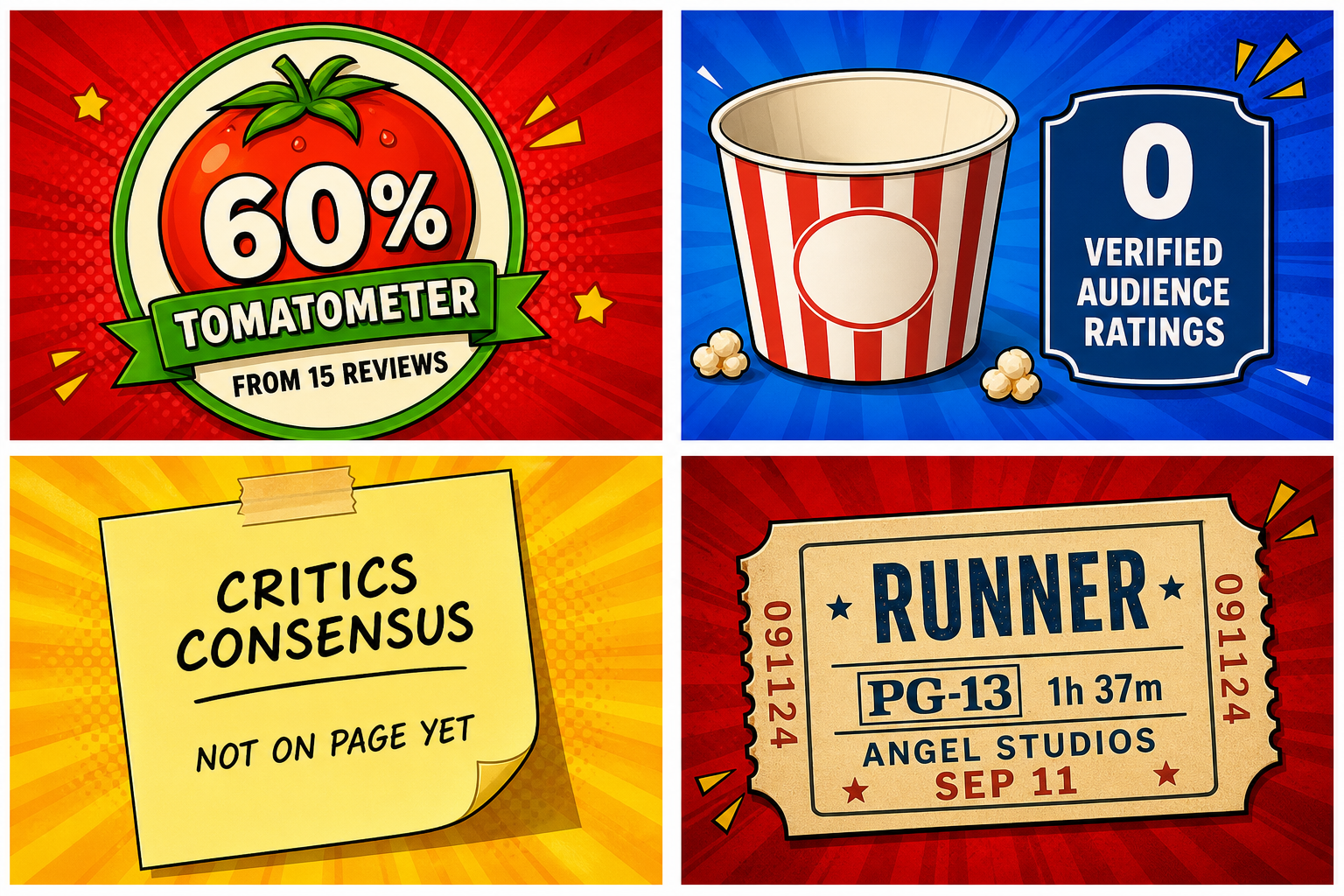 Four-panel full-color movie-score comic. Panel 1: 60% Tomatometer from 15 reviews. Panel 2: popcorn bucket with 0 verified audience ratings. Panel 3: blank Critics Consensus sticky. Panel 4: ticket Runner PG-13 1h 37m Angel Studios Sep 11.