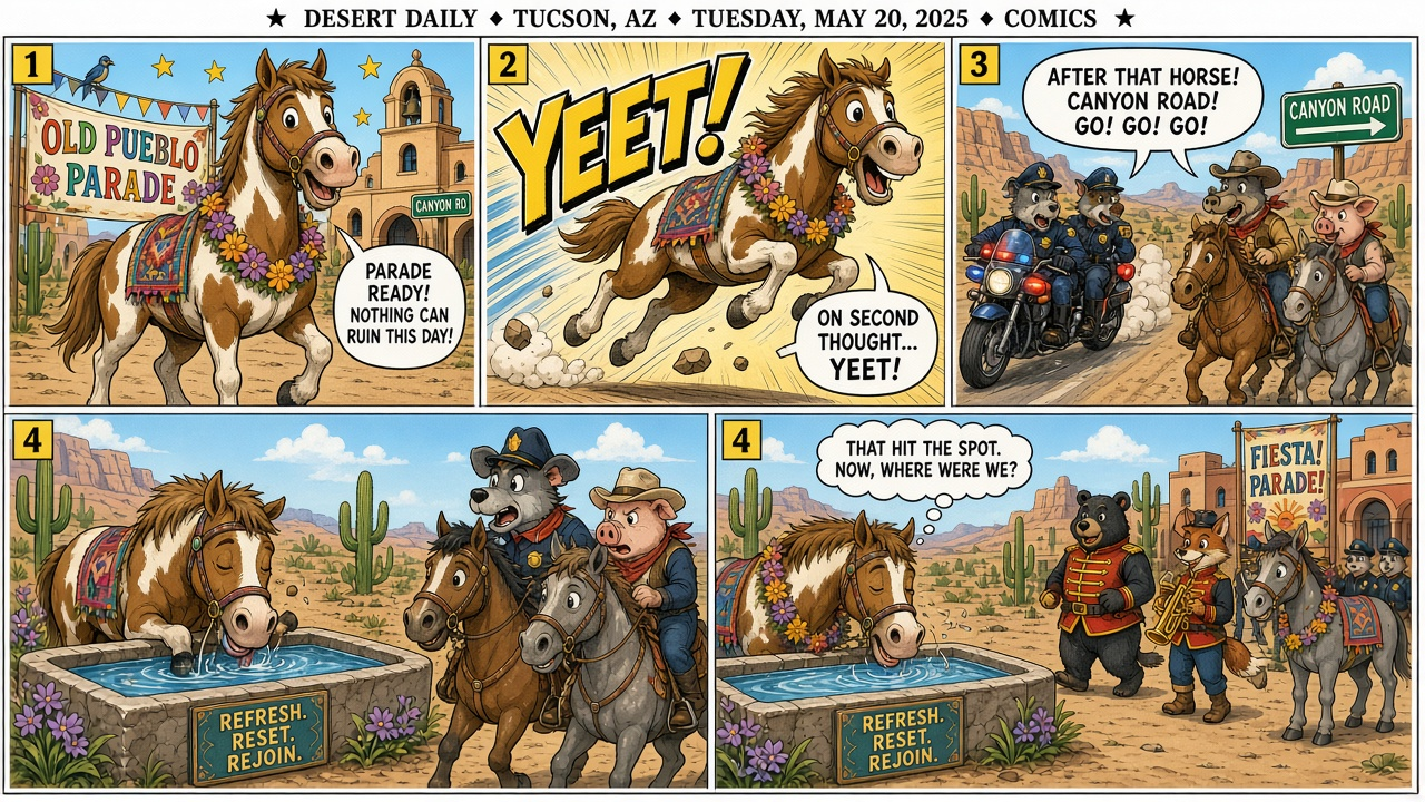 Four-panel full-color humor comic. Panel 1: cartoon horse ready for a parade. Panel 2: horse bolting with YEET burst. Panel 3: motorcycle officers and cowboy helpers. Panel 4: horse drinking water then rejoining the parade.
