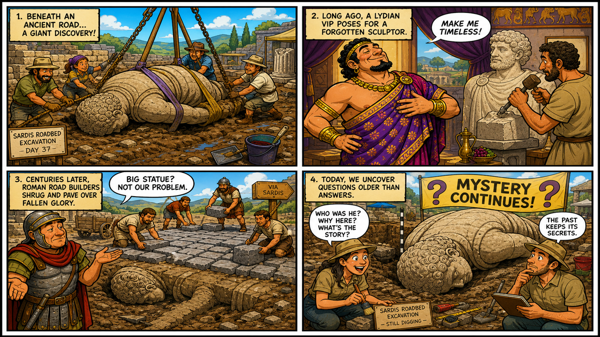 Four-panel full-color archaeology comic. Panel 1: colorful dig site with a huge statue face-down in a road. Panel 2: cartoon ancient VIP in a diagonally wrapped tunic. Panel 3: Roman road crew using the broken statue as paving. Panel 4: museum spotlight and WHO WAS THIS tag.