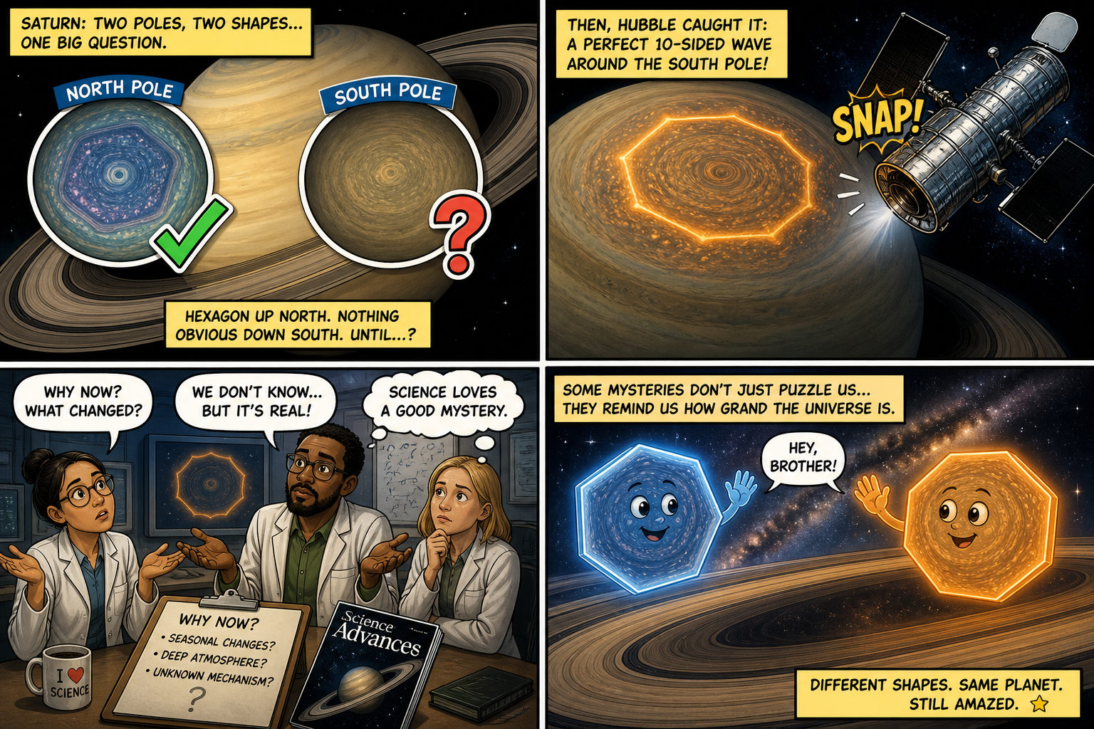 Four-panel full-color unexplained-space comic. Panel 1: Saturn north hexagon vs south question mark. Panel 2: Hubble catches a 10-sided south-pole wave. Panel 3: scientists ask why now. Panel 4: hexagon and decagon characters waving across the rings.