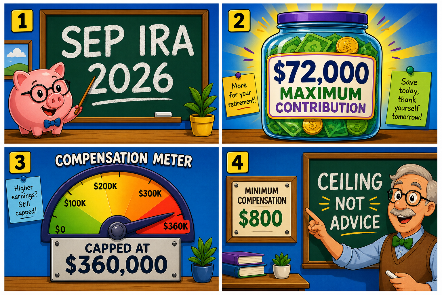 Four-panel full-color finance explainer comic. Panel 1: a bright green SEP contribution jar stamped $72,000 for 2026, up from $70,000. Panel 2: a compensation measuring stick marked $360,000 maximum. Panel 3: a small floor tile labeled $800 minimum compensation. Panel 4: a classroom chalkboard listing IRA $7,500 and 401(k) elective $24,500 as same-table context, not the main jar.