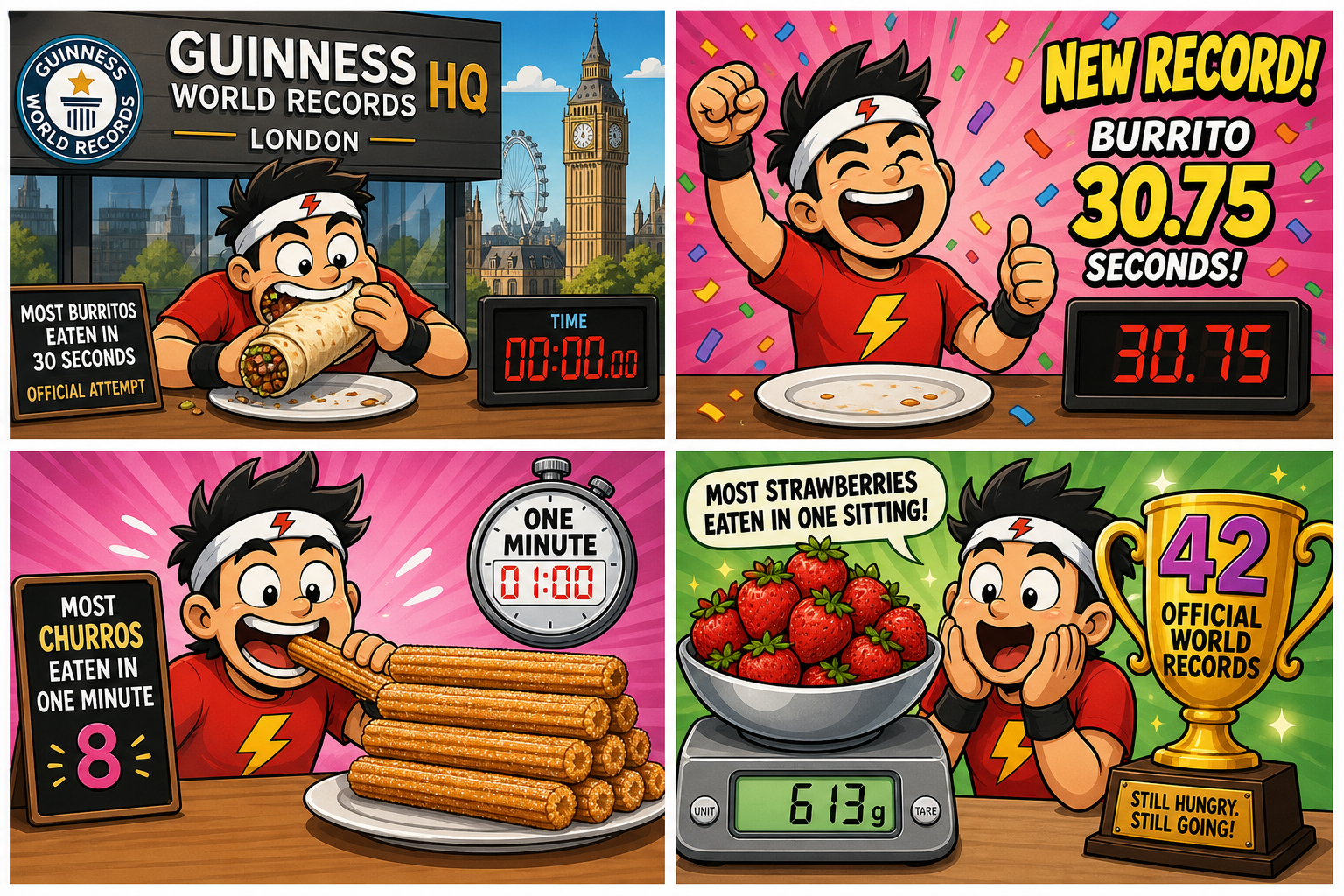 Four-panel full-color humor comic with a cartoon speed-eater stand-in, not a celebrity portrait. Panel 1: a giant burrito and a stopwatch frozen at 30.75 seconds. Panel 2: eight churros stacked in a one-minute challenge. Panel 3: a glowing kitchen scale reading 613 grams of strawberries. Panel 4: a trophy wall stamped 42 Guinness records.