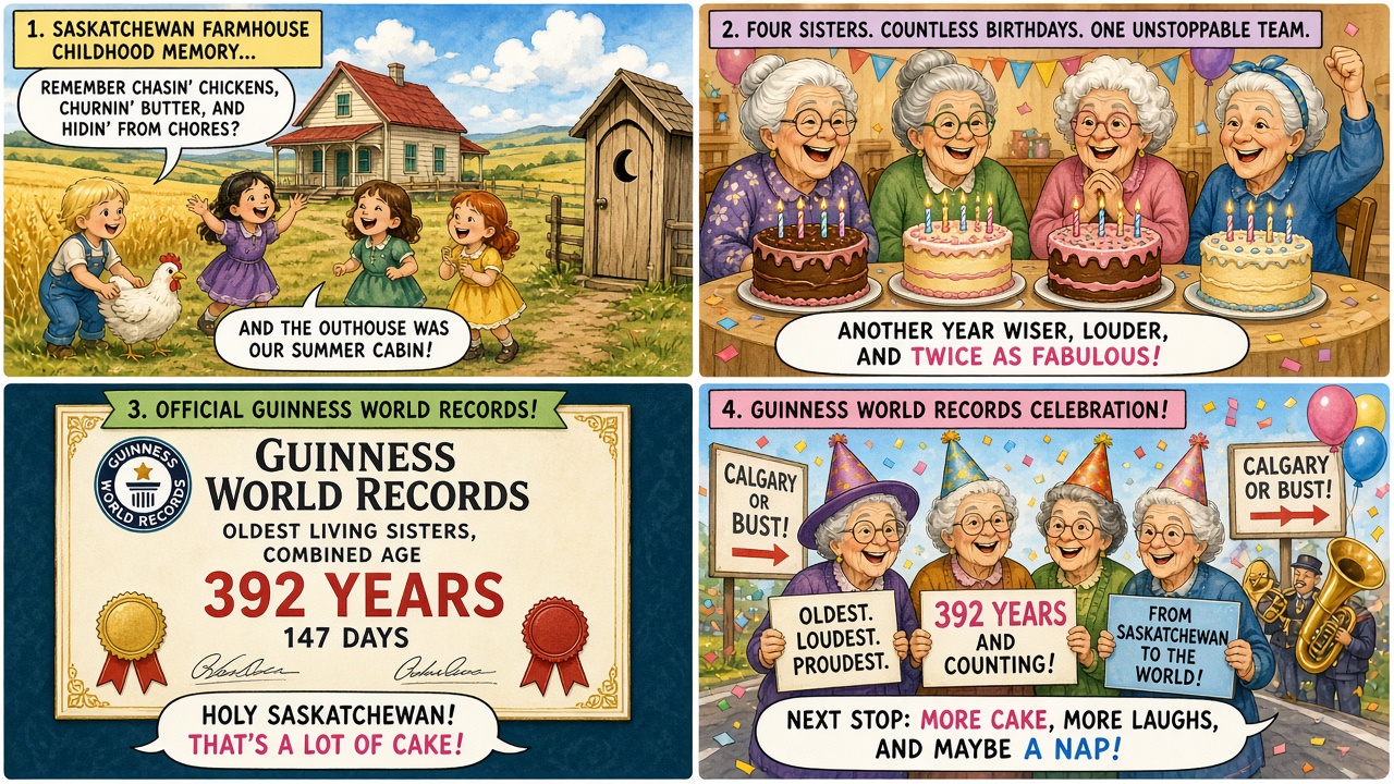 Four-panel full-color humor comic with cartoon stand-ins never likenesses. Panel 1: cartoon prairie farm near Burstall Saskatchewan. Panel 2: four cartoon sister stand-ins around a birthday cake. Panel 3: Guinness stamp reading 392 years 147 days highest combined age four living siblings. Panel 4: Airdrie Alberta verification board dated July 17.