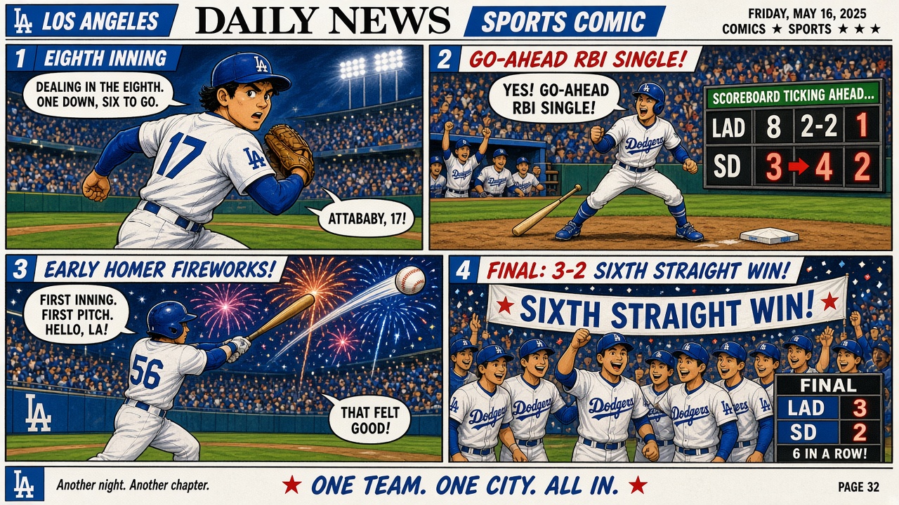 Four-panel full-color sports comic with cartoon ballplayers, not likenesses. Panel 1: pitcher working deep. Panel 2: go-ahead RBI single. Panel 3: early homer fireworks. Panel 4: Dodgers 3 Reds 2 and sixth straight win.