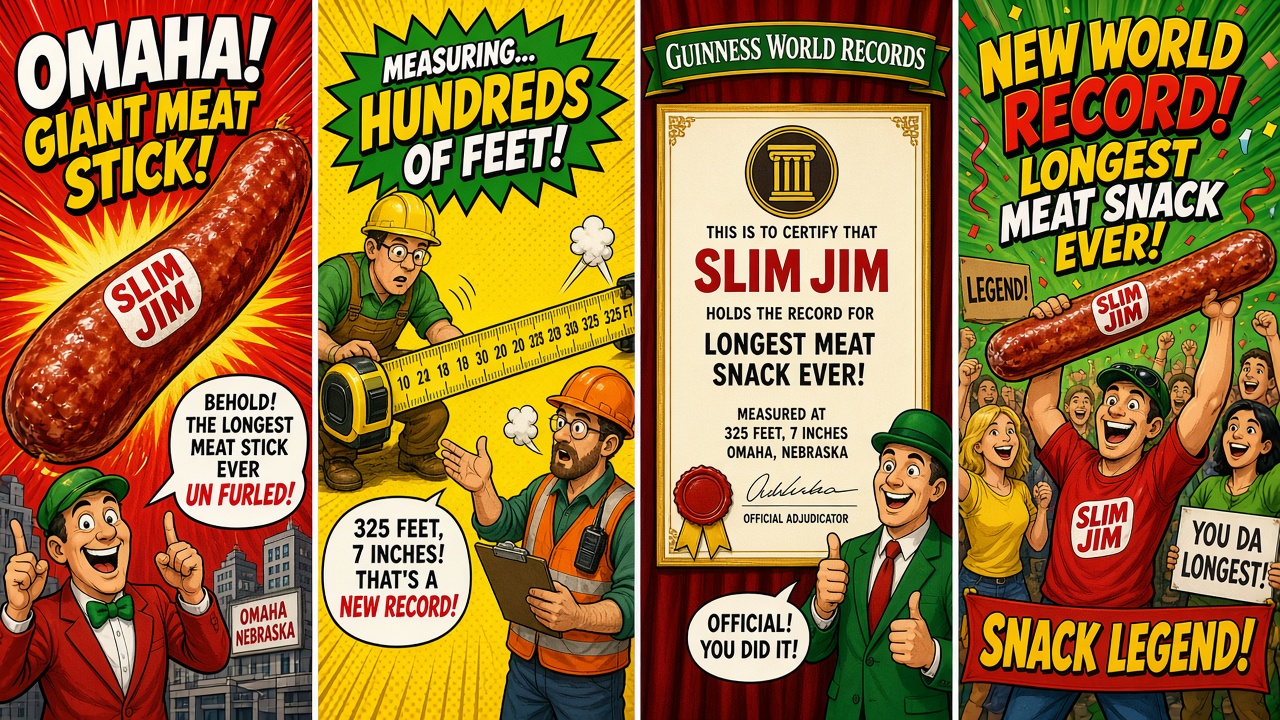 Four-panel full-color humor comic with cartoon stand-ins. Panel 1: giant Slim Jim meat stick over an Omaha Nebraska skyline. Panel 2: workers stretching a tape measure along the snack. Panel 3: Guinness World Records certificate plaque. Panel 4: confetti crowd cheering a new world record. Verified length in prose is 429 feet 5.4 inches.