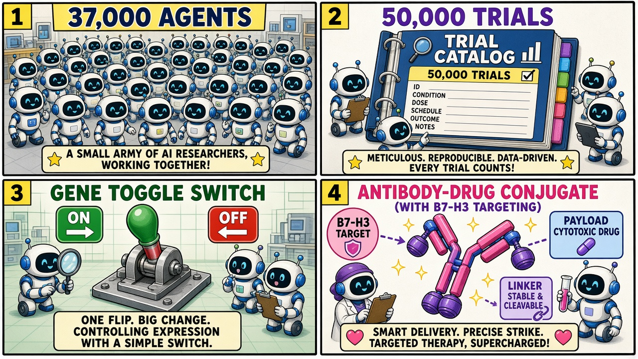 Four-panel full-color AI comic. Panel 1: grid of cartoon robot researchers labeled 37,000 agents. Panel 2: catalog of 50,000 trials. Panel 3: green ON/OFF gene switch. Panel 4: pink-and-blue antibody-drug conjugate cartoon.