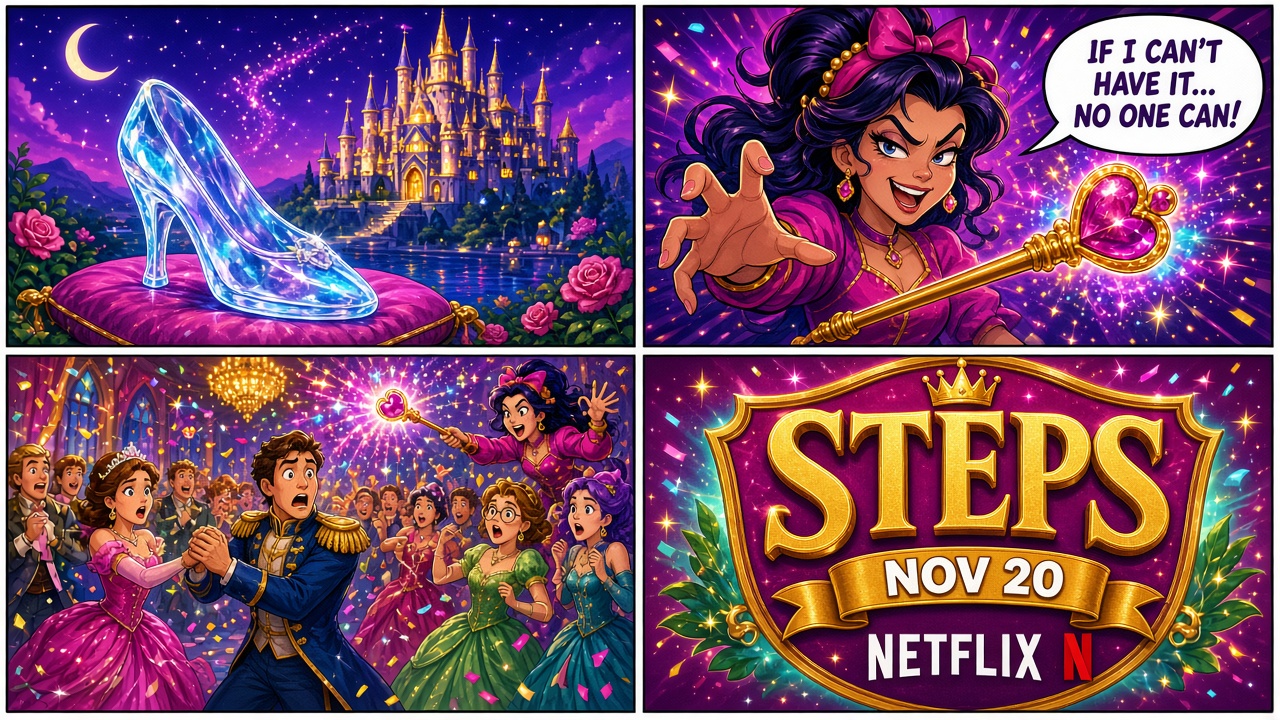 Four-panel full-color culture comic. Panel 1: cartoon glass slipper and castle. Panel 2: stepsister grabbing a glowing wand. Panel 3: chaotic royal ball with sparkles. Panel 4: STEPS Nov 20 Netflix badge.