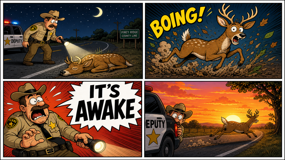Four-panel full-color humor comic. Panel 1: cartoon deputy with flashlight approaches a deer lying by a Texas road at night. Panel 2: deer springs up in a burst of leaves. Panel 3: deputy screams IT'S AWAKE. Panel 4: deer runs off, deputy hides behind a patrol car.