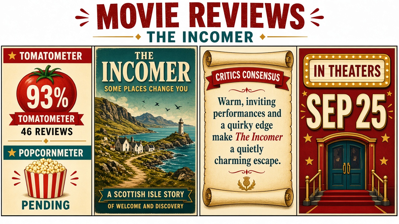 Four-panel full-color movie-score comic, cartoon stand-ins never likenesses. Panel 1: scoreboard showing 93 percent Tomatometer from 46 reviews with Popcornmeter pending. Panel 2: cartoon Scottish isle siblings and a council official silhouette. Panel 3: Critics Consensus scroll stand-in. Panel 4: theater marquee reading limited September 25 2026.