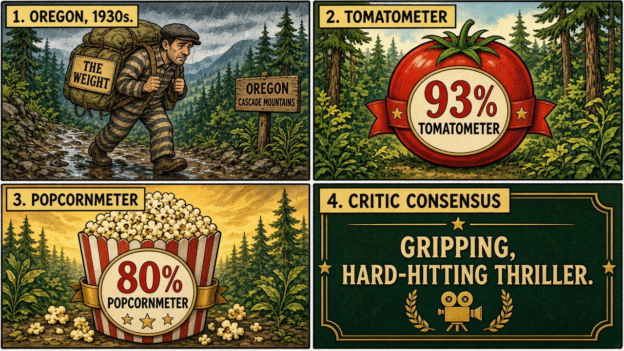 Four-panel full-color movie comic. Panel 1: cartoon prisoner trekking through Oregon wilderness with a heavy pack. Panel 2: large 93% Tomatometer badge. Panel 3: 80% Popcornmeter badge. Panel 4: consensus card reading gripping hard-hitting thriller.