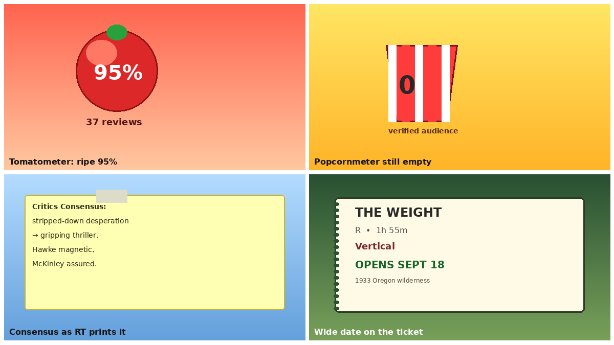 Four-panel full-color movie-score comic with cartoon stand-ins, not actor portraits. Panel 1: a ripe red tomato meter reading 95 percent from 37 reviews. Panel 2: an empty yellow popcorn bucket labeled 0 verified audience scores. Panel 3: a sticky note with the critics consensus about Hawke and McKinley. Panel 4: a wilderness-adventure movie ticket, The Weight, R, 1 hour 55 minutes, Vertical, opens Sept. 18.