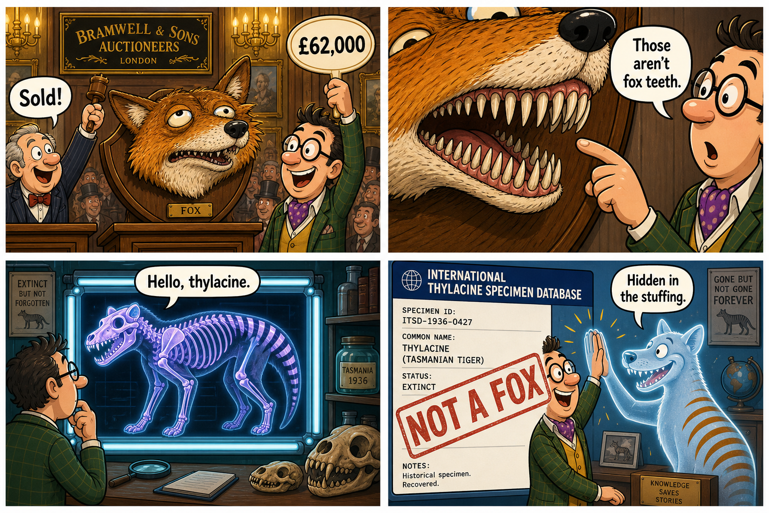 Four-panel full-color funny comic. Panel 1: a cartoon collector wins a lumpy mounted fox head for £62,000. Panel 2: he points at teeth that are not a fox’s. Panel 3: a teal X-ray shows a complete thylacine skull in the stuffing. Panel 4: a database stamp reads not a fox, with a cartoon striped-tiger ghost high-five.