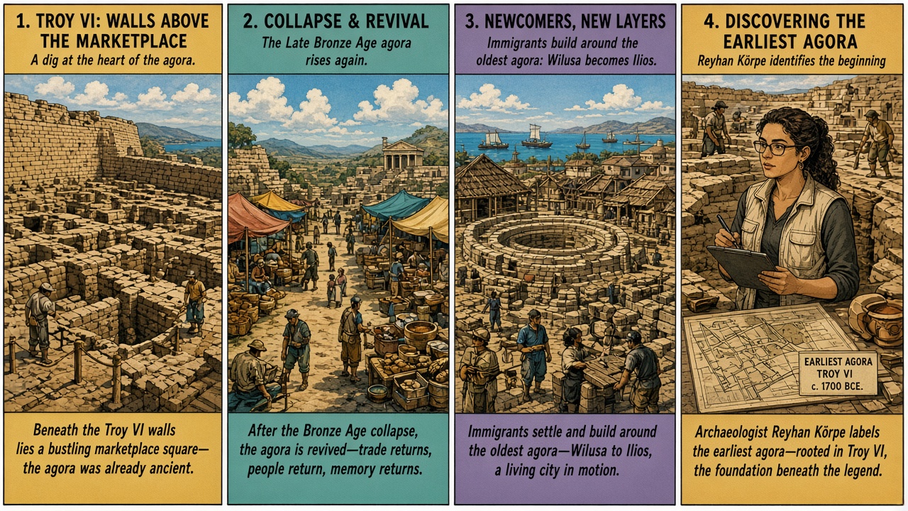 Four-panel full-color pop-history comic. Panel 1: ancient walls labeled Troy VI with a marketplace square in front. Panel 2: Late Bronze Age Wilusa agora stalls and traders. Panel 3: new settlers rebuilding houses around the old central square as Ilios or Ilion. Panel 4: modern archaeologists uncovering Troy’s earliest agora.