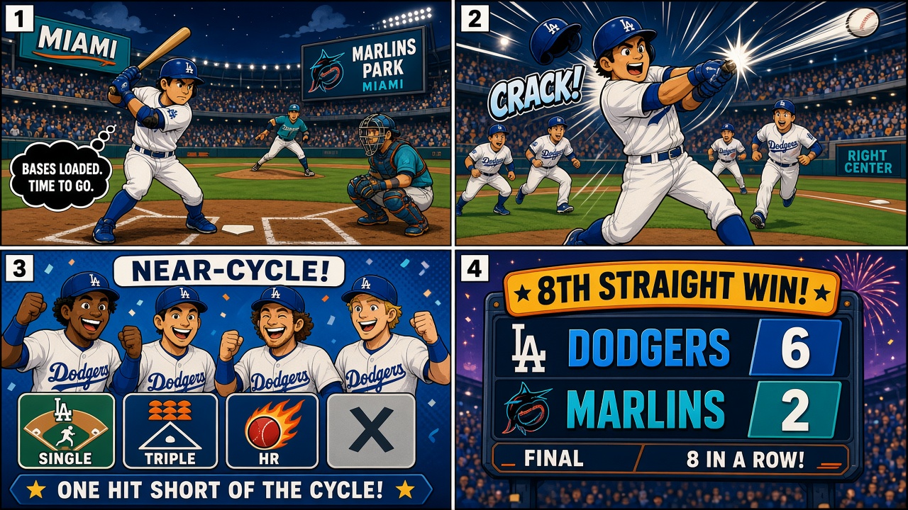 Four-panel full-color sports comic with cartoon ballplayers, not likenesses. Panel 1: bases loaded night at-bat in Miami. Panel 2: grand slam contact toward right-center in the seventh. Panel 3: near-cycle board with single, triple, and homer checked, double marked missing. Panel 4: Dodgers 6 Marlins 2 final scoreboard and eighth straight win fireworks.