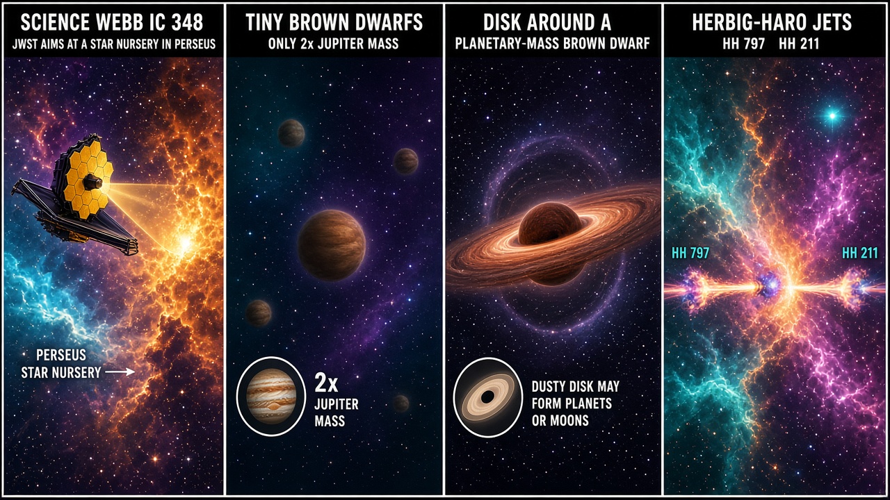 Four-panel full-color science comic. Panel 1: James Webb Space Telescope aiming at star-forming region IC 348 about 1,000 light-years away in Perseus. Panel 2: tiny glowing brown-dwarf dots labeled as low as twice Jupiter mass. Panel 3: one lightest brown dwarf with a surrounding disk hinting at planet formation. Panel 4: inset jets labeled HH 797 and HH 211 crashing into gas and dust.