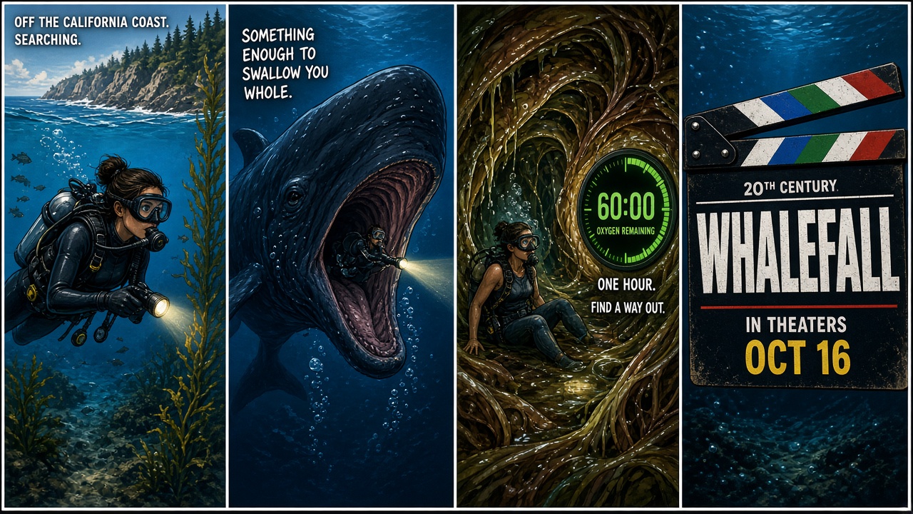 Four-panel full-color culture comic with cartoon stand-ins never celebrity likenesses. Panel 1: cartoon diver with flashlight searching underwater off a rocky coast. Panel 2: enormous whale mouth dwarfing the diver. Panel 3: diver inside the whale with a glowing one-hour oxygen timer. Panel 4: 20th Century Whalefall clapperboard reading theaters October 16.