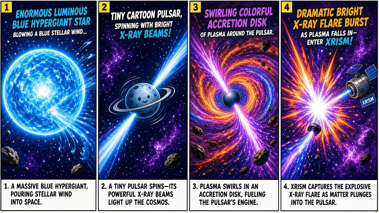 Four-panel full-color science comic. Panel 1: huge blue hypergiant with stellar wind. Panel 2: tiny cartoon pulsar with X-ray beams. Panel 3: messy accretion disk. Panel 4: bright X-ray flare as plasma falls in.