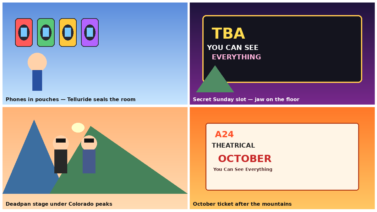 Four-panel full-color culture comic with cartoon stand-ins, not celebrity portraits. Panel 1: moviegoers locking phones in pouches outside a mountain theater. Panel 2: a glowing TBA secret-screening marquee, You Can See Everything. Panel 3: two cartoon filmmakers on a Telluride stage under mountain peaks. Panel 4: an orange A24 October theatrical ticket.
